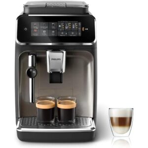 PHILIPS Serie 3300 Cafetera Superautomática, Espumador de leche clásico, 5 tipos de café, SilentBrew, Molinillo Cerámico, pantalla táctil, cromo negro (EP3326/90)