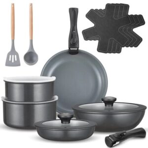 BEZIA Juego de Ollas y Sartenes de Cerámica 17 Pcs con Mango Extraíble, Sartenes antiadherentes sin PFOA/PTFE, aptas para todo tipo de cocinas, ideales para camping y espacios pequeños