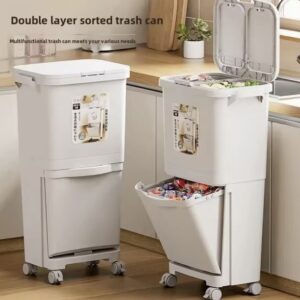 Cubo de basura de cocina con tapa, clasificación en seco y húmedo de 2 capas, cubo de basura de gran capacidad tipo prensa, suministros para el hogar, basura