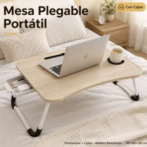 Mesa de Cama Plegable con Cajón Lateral y Portavasos, Mesa Multifunción para Portátil con Soporte para Tablet, Escritorio Auxiliar para Trabajo, Estudio y Desayuno en Cama o Sofá (60×40×28 cm)