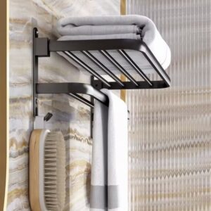 Soporte plegable negro mate de 50CM con gancho, soporte para toallas, soporte de pared, toallero de aluminio