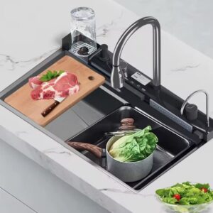 Fregadero de cocina de cascada de acero inoxidable, juego de grifería integrada de 75x45cm con ranura única grande, dispensador de jabón/agua pura/lavadora de tazas