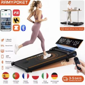 RAMYPOKET Caminadora Electrica Para Casa con Inclinación 9%,1-8km/h, Control Mediante Aplicación y Pantalla LED de Tres Ventanas, 2.5HP, Máxima120kg, Cinta de Correr Bajo Escritorio